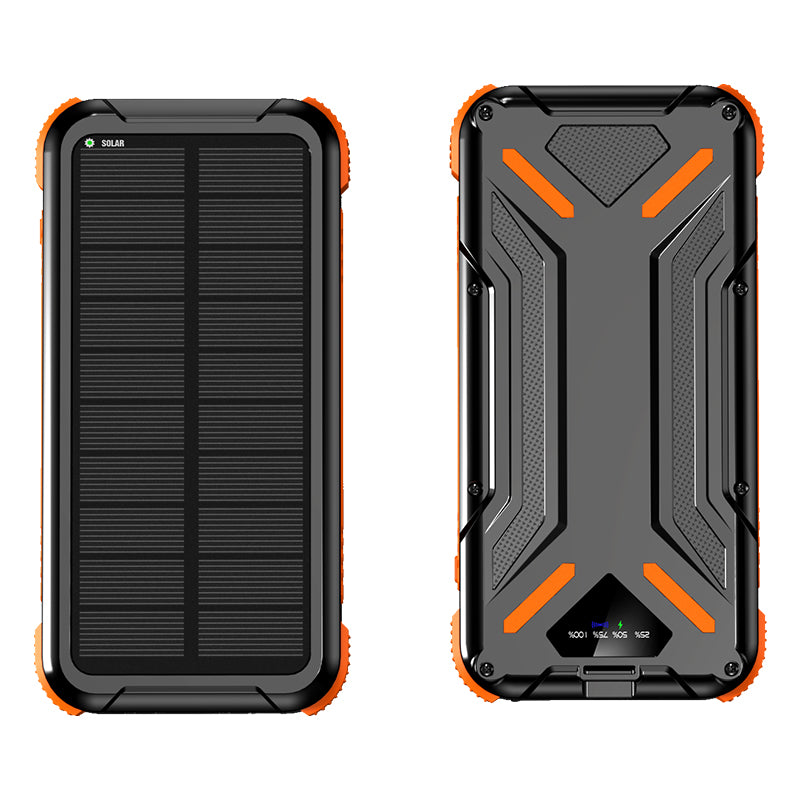 The picture shows a portable orange solar power bank with a rugged design, featuring a solar panel on one side for charging and multiple output ports along with an LED indicator on the other side.