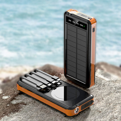 The picture shows a portable solar power bank with a orange and black color scheme; it has a solar panel on the back and multiple charging cables built in.