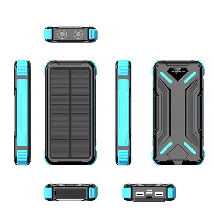 The picture shows a multi - functional portable power bank with a solar panel, rugged design, multiple charging ports, and an LED indicator.
