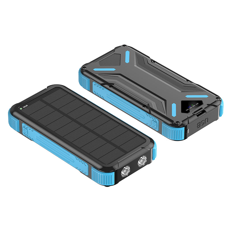 The picture shows a portable blue solar power bank with a rugged design, featuring solar panels on one side and multiple ports for charging on the other.