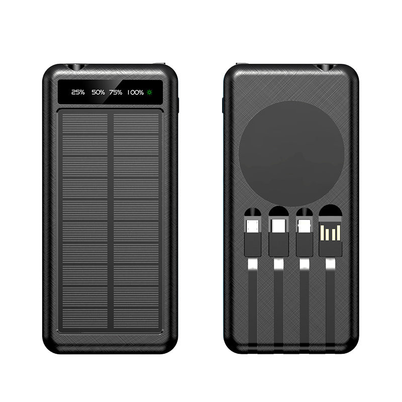 The picture shows a portable black solar power bank with solar panels on one side and multiple built - in charging cables on the other, along with an LED display indicating battery percentage.
