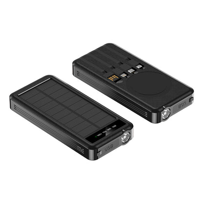 The picture shows a black portable solar power bank with a solar panel on the surface and multiple charging ports such as USB.