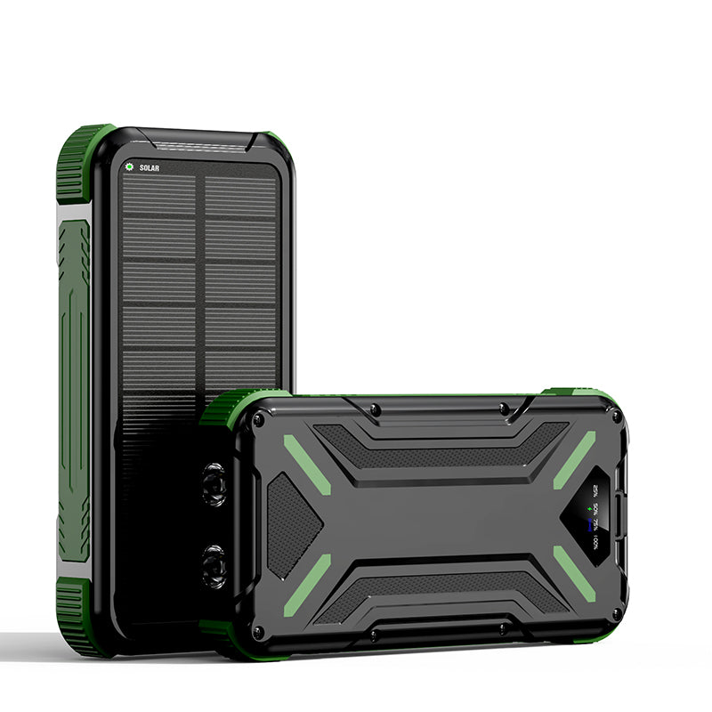 The picture shows a green portable power bank with a rugged design and a solar panel on its surface.