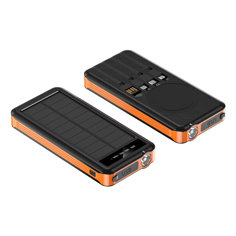 The picture shows a orange portable solar power bank with a solar panel on the surface and multiple charging ports such as USB.