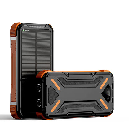 The picture shows a orange portable power bank with a rugged design and a solar panel on its surface.