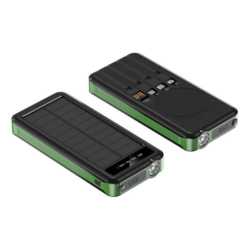 The picture shows a green portable solar power bank with a solar panel on the surface and multiple charging ports such as USB.