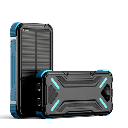 The picture shows a blue portable power bank with a rugged design and a solar panel on its surface.